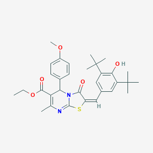 molecular formula C32H38N2O5S B305015 ethyl 2-(3,5-ditert-butyl-4-hydroxybenzylidene)-5-(4-methoxyphenyl)-7-methyl-3-oxo-2,3-dihydro-5H-[1,3]thiazolo[3,2-a]pyrimidine-6-carboxylate 