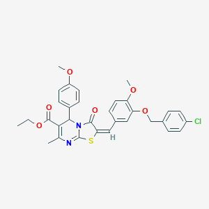 molecular formula C32H29ClN2O6S B305017 ethyl 2-{3-[(4-chlorobenzyl)oxy]-4-methoxybenzylidene}-5-(4-methoxyphenyl)-7-methyl-3-oxo-2,3-dihydro-5H-[1,3]thiazolo[3,2-a]pyrimidine-6-carboxylate 