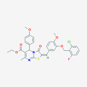 molecular formula C32H28ClFN2O6S B305018 ethyl 2-{3-[(2-chloro-6-fluorobenzyl)oxy]-4-methoxybenzylidene}-5-(4-methoxyphenyl)-7-methyl-3-oxo-2,3-dihydro-5H-[1,3]thiazolo[3,2-a]pyrimidine-6-carboxylate 