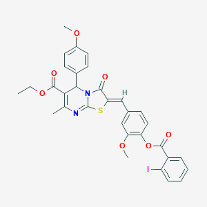 molecular formula C32H27IN2O7S B305021 ethyl 2-{4-[(2-iodobenzoyl)oxy]-3-methoxybenzylidene}-5-(4-methoxyphenyl)-7-methyl-3-oxo-2,3-dihydro-5H-[1,3]thiazolo[3,2-a]pyrimidine-6-carboxylate 