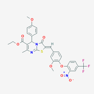 molecular formula C32H26F3N3O8S B305022 ethyl 2-{4-[2-nitro-4-(trifluoromethyl)phenoxy]-3-methoxybenzylidene}-5-(4-methoxyphenyl)-7-methyl-3-oxo-2,3-dihydro-5H-[1,3]thiazolo[3,2-a]pyrimidine-6-carboxylate 