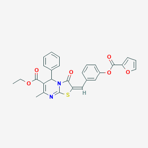molecular formula C28H22N2O6S B305025 ethyl (2E)-2-{3-[(furan-2-ylcarbonyl)oxy]benzylidene}-7-methyl-3-oxo-5-phenyl-2,3-dihydro-5H-[1,3]thiazolo[3,2-a]pyrimidine-6-carboxylate 