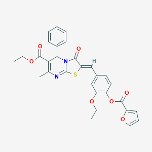 molecular formula C30H26N2O7S B305026 ethyl 2-[3-ethoxy-4-(2-furoyloxy)benzylidene]-7-methyl-3-oxo-5-phenyl-2,3-dihydro-5H-[1,3]thiazolo[3,2-a]pyrimidine-6-carboxylate 