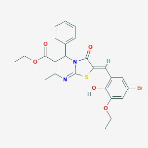 molecular formula C25H23BrN2O5S B305029 ethyl 2-(5-bromo-3-ethoxy-2-hydroxybenzylidene)-7-methyl-3-oxo-5-phenyl-2,3-dihydro-5H-[1,3]thiazolo[3,2-a]pyrimidine-6-carboxylate 