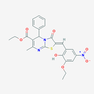 molecular formula C25H23N3O7S B305030 ethyl 2-{3-ethoxy-2-hydroxy-5-nitrobenzylidene}-7-methyl-3-oxo-5-phenyl-2,3-dihydro-5H-[1,3]thiazolo[3,2-a]pyrimidine-6-carboxylate 