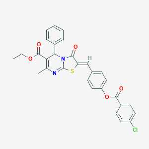 molecular formula C30H23ClN2O5S B305032 ethyl 2-{4-[(4-chlorobenzoyl)oxy]benzylidene}-7-methyl-3-oxo-5-phenyl-2,3-dihydro-5H-[1,3]thiazolo[3,2-a]pyrimidine-6-carboxylate 