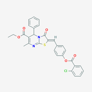 molecular formula C30H23ClN2O5S B305034 ethyl 2-{4-[(2-chlorobenzoyl)oxy]benzylidene}-7-methyl-3-oxo-5-phenyl-2,3-dihydro-5H-[1,3]thiazolo[3,2-a]pyrimidine-6-carboxylate 