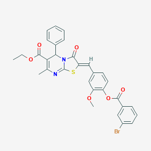 molecular formula C31H25BrN2O6S B305035 ethyl 2-{4-[(3-bromobenzoyl)oxy]-3-methoxybenzylidene}-7-methyl-3-oxo-5-phenyl-2,3-dihydro-5H-[1,3]thiazolo[3,2-a]pyrimidine-6-carboxylate 