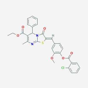 molecular formula C31H25ClN2O6S B305036 ethyl 2-{4-[(2-chlorobenzoyl)oxy]-3-methoxybenzylidene}-7-methyl-3-oxo-5-phenyl-2,3-dihydro-5H-[1,3]thiazolo[3,2-a]pyrimidine-6-carboxylate 