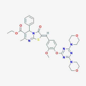 molecular formula C35H37N7O7S B305037 ethyl 2-(4-{[4,6-di(4-morpholinyl)-1,3,5-triazin-2-yl]oxy}-3-methoxybenzylidene)-7-methyl-3-oxo-5-phenyl-2,3-dihydro-5H-[1,3]thiazolo[3,2-a]pyrimidine-6-carboxylate 