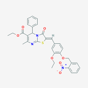 molecular formula C32H29N3O7S B305039 ethyl 2-[3-ethoxy-4-({2-nitrobenzyl}oxy)benzylidene]-7-methyl-3-oxo-5-phenyl-2,3-dihydro-5H-[1,3]thiazolo[3,2-a]pyrimidine-6-carboxylate 