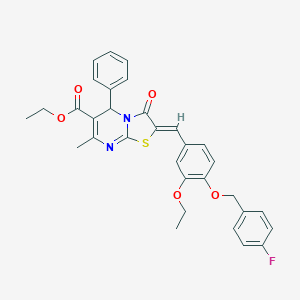 molecular formula C32H29FN2O5S B305040 ethyl 2-{3-ethoxy-4-[(4-fluorobenzyl)oxy]benzylidene}-7-methyl-3-oxo-5-phenyl-2,3-dihydro-5H-[1,3]thiazolo[3,2-a]pyrimidine-6-carboxylate 