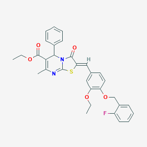 molecular formula C32H29FN2O5S B305041 ethyl 2-{3-ethoxy-4-[(2-fluorobenzyl)oxy]benzylidene}-7-methyl-3-oxo-5-phenyl-2,3-dihydro-5H-[1,3]thiazolo[3,2-a]pyrimidine-6-carboxylate 