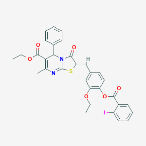 molecular formula C32H27IN2O6S B305042 ethyl 2-{3-ethoxy-4-[(2-iodobenzoyl)oxy]benzylidene}-7-methyl-3-oxo-5-phenyl-2,3-dihydro-5H-[1,3]thiazolo[3,2-a]pyrimidine-6-carboxylate 