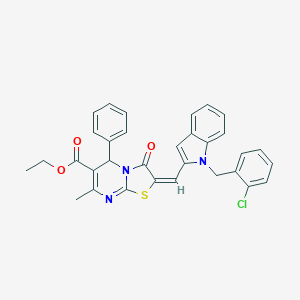 molecular formula C32H26ClN3O3S B305044 ethyl 2-{[1-(2-chlorobenzyl)-1H-indol-2-yl]methylene}-7-methyl-3-oxo-5-phenyl-2,3-dihydro-5H-[1,3]thiazolo[3,2-a]pyrimidine-6-carboxylate 