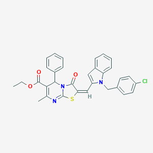 molecular formula C32H26ClN3O3S B305045 ethyl 2-{[1-(4-chlorobenzyl)-1H-indol-2-yl]methylene}-7-methyl-3-oxo-5-phenyl-2,3-dihydro-5H-[1,3]thiazolo[3,2-a]pyrimidine-6-carboxylate 