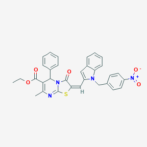 molecular formula C32H26N4O5S B305046 ethyl 2-[(1-{4-nitrobenzyl}-1H-indol-2-yl)methylene]-7-methyl-3-oxo-5-phenyl-2,3-dihydro-5H-[1,3]thiazolo[3,2-a]pyrimidine-6-carboxylate 