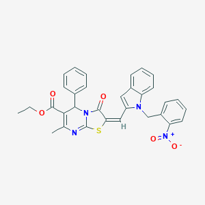 molecular formula C32H26N4O5S B305047 ethyl 2-[(1-{2-nitrobenzyl}-1H-indol-2-yl)methylene]-7-methyl-3-oxo-5-phenyl-2,3-dihydro-5H-[1,3]thiazolo[3,2-a]pyrimidine-6-carboxylate 