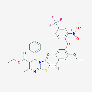 molecular formula C32H26F3N3O7S B305048 ethyl 2-{3-ethoxy-4-[2-nitro-4-(trifluoromethyl)phenoxy]benzylidene}-7-methyl-3-oxo-5-phenyl-2,3-dihydro-5H-[1,3]thiazolo[3,2-a]pyrimidine-6-carboxylate 