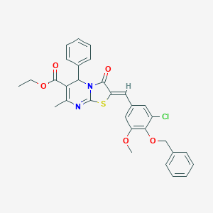 molecular formula C31H27ClN2O5S B305051 ethyl 2-[4-(benzyloxy)-3-chloro-5-methoxybenzylidene]-7-methyl-3-oxo-5-phenyl-2,3-dihydro-5H-[1,3]thiazolo[3,2-a]pyrimidine-6-carboxylate 