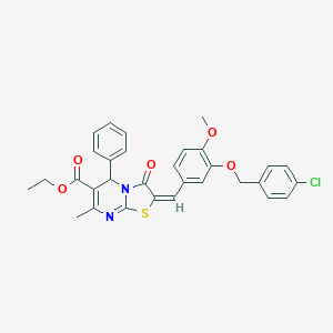 molecular formula C31H27ClN2O5S B305052 ethyl 2-{3-[(4-chlorobenzyl)oxy]-4-methoxybenzylidene}-7-methyl-3-oxo-5-phenyl-2,3-dihydro-5H-[1,3]thiazolo[3,2-a]pyrimidine-6-carboxylate 