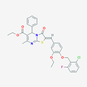 molecular formula C32H28ClFN2O5S B305055 ethyl 2-{4-[(2-chloro-6-fluorobenzyl)oxy]-3-ethoxybenzylidene}-7-methyl-3-oxo-5-phenyl-2,3-dihydro-5H-[1,3]thiazolo[3,2-a]pyrimidine-6-carboxylate 