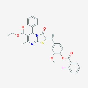 molecular formula C31H25IN2O6S B305056 ethyl 2-{4-[(2-iodobenzoyl)oxy]-3-methoxybenzylidene}-7-methyl-3-oxo-5-phenyl-2,3-dihydro-5H-[1,3]thiazolo[3,2-a]pyrimidine-6-carboxylate 