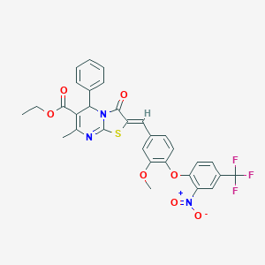 molecular formula C31H24F3N3O7S B305057 ethyl 2-{4-[2-nitro-4-(trifluoromethyl)phenoxy]-3-methoxybenzylidene}-7-methyl-3-oxo-5-phenyl-2,3-dihydro-5H-[1,3]thiazolo[3,2-a]pyrimidine-6-carboxylate 