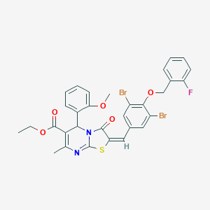 molecular formula C31H25Br2FN2O5S B305060 ethyl 2-{3,5-dibromo-4-[(2-fluorobenzyl)oxy]benzylidene}-5-(2-methoxyphenyl)-7-methyl-3-oxo-2,3-dihydro-5H-[1,3]thiazolo[3,2-a]pyrimidine-6-carboxylate 