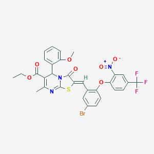 molecular formula C31H23BrF3N3O7S B305061 ethyl 2-{5-bromo-2-[2-nitro-4-(trifluoromethyl)phenoxy]benzylidene}-5-(2-methoxyphenyl)-7-methyl-3-oxo-2,3-dihydro-5H-[1,3]thiazolo[3,2-a]pyrimidine-6-carboxylate 