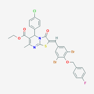molecular formula C30H22Br2ClFN2O4S B305063 ethyl 5-(4-chlorophenyl)-2-{3,5-dibromo-4-[(4-fluorobenzyl)oxy]benzylidene}-7-methyl-3-oxo-2,3-dihydro-5H-[1,3]thiazolo[3,2-a]pyrimidine-6-carboxylate 