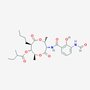 molecular formula C26H36N2O9 B3050708 [(2R,3S,6S,7R,8R)-8-Butyl-3-[(3-formamido-2-hydroxybenzoyl)amino]-2,6-dimethyl-4,9-dioxo-1,5-dioxonan-7-yl] 2-methylbutanoate CAS No. 28068-14-6