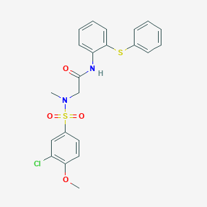 molecular formula C22H21ClN2O4S2 B305123 2-[[(3-chloro-4-methoxyphenyl)sulfonyl](methyl)amino]-N-[2-(phenylsulfanyl)phenyl]acetamide 