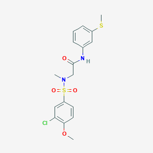 molecular formula C17H19ClN2O4S2 B305129 2-[[(3-chloro-4-methoxyphenyl)sulfonyl](methyl)amino]-N-[3-(methylsulfanyl)phenyl]acetamide 