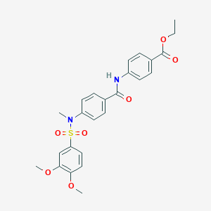 molecular formula C25H26N2O7S B305175 Ethyl 4-({4-[[(3,4-dimethoxyphenyl)sulfonyl](methyl)amino]benzoyl}amino)benzoate 