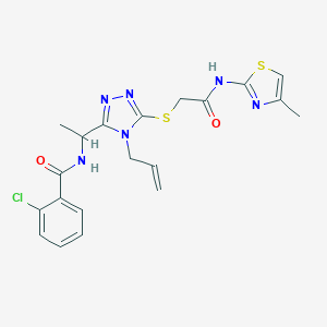 molecular formula C20H21ClN6O2S2 B305178 N-{1-[4-allyl-5-({2-[(4-methyl-1,3-thiazol-2-yl)amino]-2-oxoethyl}sulfanyl)-4H-1,2,4-triazol-3-yl]ethyl}-2-chlorobenzamide 