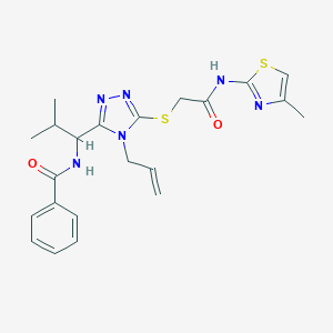 molecular formula C22H26N6O2S2 B305190 N-{1-[4-allyl-5-({2-[(4-methyl-1,3-thiazol-2-yl)amino]-2-oxoethyl}sulfanyl)-4H-1,2,4-triazol-3-yl]-2-methylpropyl}benzamide 