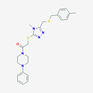 molecular formula C24H29N5OS2 B305196 1-{[(4-methyl-5-{[(4-methylbenzyl)sulfanyl]methyl}-4H-1,2,4-triazol-3-yl)sulfanyl]acetyl}-4-phenylpiperazine 