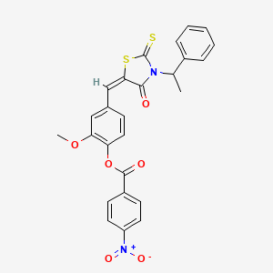 molecular formula C26H20N2O6S2 B3051969 2-Methoxy-4-{[(5E)-4-oxo-3-(1-phenylethyl)-2-sulfanylidene-1,3-thiazolidin-5-ylidene]methyl}phenyl 4-nitrobenzoate CAS No. 374617-50-2
