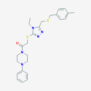 molecular formula C25H31N5OS2 B305198 1-{[(4-ethyl-5-{[(4-methylbenzyl)sulfanyl]methyl}-4H-1,2,4-triazol-3-yl)sulfanyl]acetyl}-4-phenylpiperazine 
