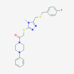 molecular formula C23H26FN5OS2 B305199 1-{[(5-{[(4-fluorobenzyl)sulfanyl]methyl}-4-methyl-4H-1,2,4-triazol-3-yl)sulfanyl]acetyl}-4-phenylpiperazine 