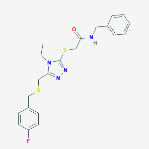 molecular formula C21H23FN4OS2 B305200 N-benzyl-2-[(4-ethyl-5-{[(4-fluorobenzyl)sulfanyl]methyl}-4H-1,2,4-triazol-3-yl)sulfanyl]acetamide 