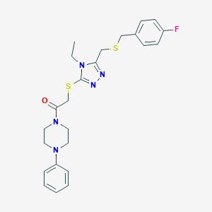molecular formula C24H28FN5OS2 B305201 1-{[(4-ethyl-5-{[(4-fluorobenzyl)sulfanyl]methyl}-4H-1,2,4-triazol-3-yl)sulfanyl]acetyl}-4-phenylpiperazine 