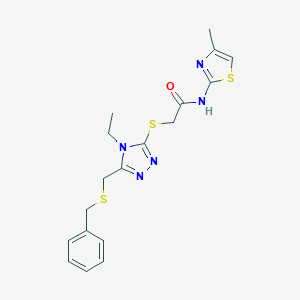 molecular formula C18H21N5OS3 B305255 2-({5-[(benzylsulfanyl)methyl]-4-ethyl-4H-1,2,4-triazol-3-yl}sulfanyl)-N-(4-methyl-1,3-thiazol-2-yl)acetamide 