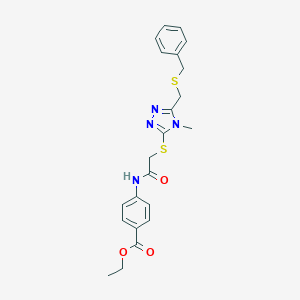 molecular formula C22H24N4O3S2 B305256 ethyl 4-{[({5-[(benzylsulfanyl)methyl]-4-methyl-4H-1,2,4-triazol-3-yl}sulfanyl)acetyl]amino}benzoate 