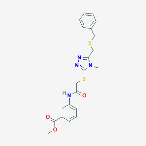 molecular formula C21H22N4O3S2 B305257 methyl 3-{[({5-[(benzylsulfanyl)methyl]-4-methyl-4H-1,2,4-triazol-3-yl}sulfanyl)acetyl]amino}benzoate 