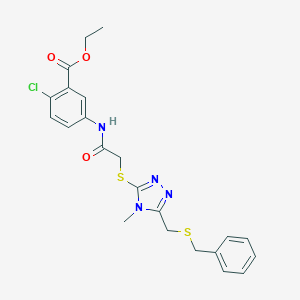 molecular formula C22H23ClN4O3S2 B305258 ethyl 5-{[({5-[(benzylsulfanyl)methyl]-4-methyl-4H-1,2,4-triazol-3-yl}sulfanyl)acetyl]amino}-2-chlorobenzoate 