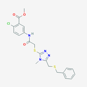 molecular formula C21H21ClN4O3S2 B305260 methyl 5-{[({5-[(benzylsulfanyl)methyl]-4-methyl-4H-1,2,4-triazol-3-yl}sulfanyl)acetyl]amino}-2-chlorobenzoate 
