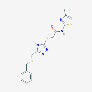 molecular formula C17H19N5OS3 B305261 2-({5-[(benzylsulfanyl)methyl]-4-methyl-4H-1,2,4-triazol-3-yl}sulfanyl)-N-(4-methyl-1,3-thiazol-2-yl)acetamide 