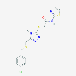 molecular formula C16H16ClN5OS3 B305262 2-[(5-{[(4-chlorobenzyl)sulfanyl]methyl}-4-methyl-4H-1,2,4-triazol-3-yl)sulfanyl]-N-(1,3-thiazol-2-yl)acetamide 